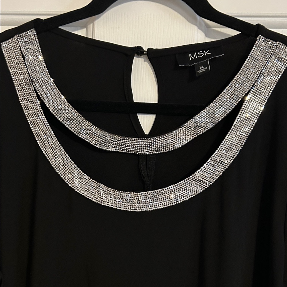 MSK Black Long Sleeve Dress with Silver Sequin Neckline - Picture 3 of 8